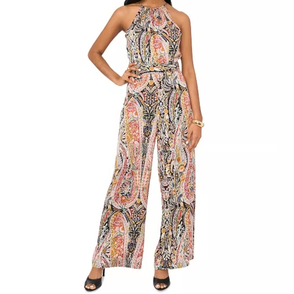 1. State Pants - 1.State Jumpsuit 2 Paisley Black Red Halter Wide Leg Back Tie Boho Comfy New$100